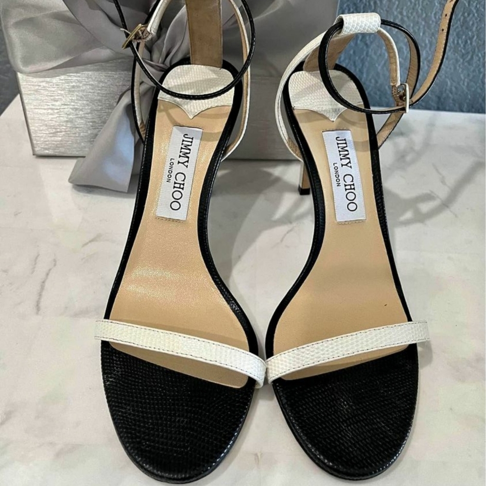 Jimmy choo Minny Lizard print black and white leather sandals heels Size 39(9) - Picture 6 of 10